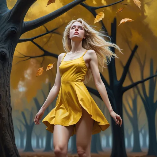 Prompt: 4k,high resolution,detailed,oil painting, modeling ,dark colors , park , autumn , woman stands and looks up the sky, long blonde hair, yellow mini slit dress reveals legs ,focus on legs ,barefoot , dramatic , sad colors , expressionism , loneliness , colors express sadness ,close up on the woman , modeling pose , leaves falling from the tree 