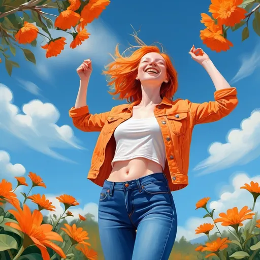 Prompt: open nature , bright blue sky , beautiful day , happy vibe , orange flowers , a ginger woman(jeans jacket , orange shirt , skinny jeans)  enjoys in the nature (low angle shot) , digital painting , happy colors , freedom