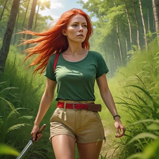 Prompt: 4k , high resolution, digital colors , high detailed , hyper realistic  , nature , bright colors , grass , a woman traveling in the wild forest and walking  between big bushes , she is holding Machete  , red  long dyed hair , green crop top shirt , beige shorts , belt , dynamic , sunlight streaming on the woman , 