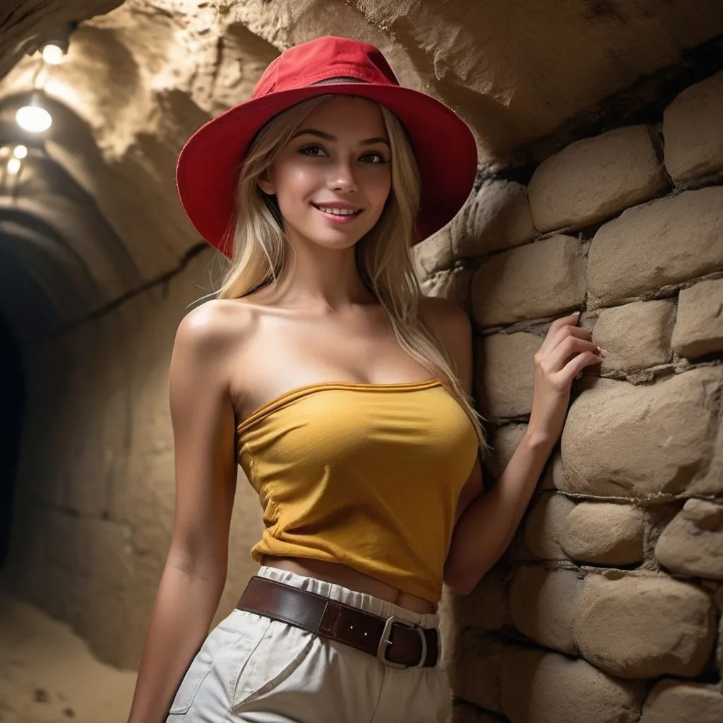 Prompt: 4k , high resolution . professional , realism ,dark colors ,glamour photography , art photography ,small stone wall,tunnel, sand , a woman standing near the wall in modeling pose , blonde air , off shoulder yellow sleeveless shirt , white cargo shorts , belt ,kettle brim red hat: , detailed features ,drama , low angle shot ,legs, wet skin , atmospheric lighting ,smile