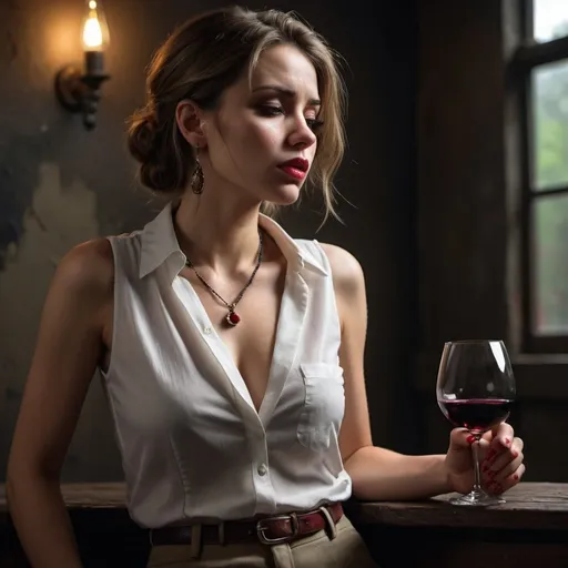 Prompt: high resolution , 4k , detailed face , dark colors , realism,expressionism , , sad atmosphere, professional modeling photography  , dark room , dark walls ,dramatic lighting , a woman leaning against and drinking red wine , white sleeveless shirt , khaki tight pants , necklace , earrings , low angle shot ,full body 