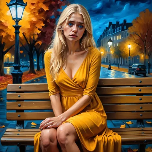 Prompt: 4k,high resolution,detailed,oil painting, modeling ,dark colors , park  ,autumn , lonely sad woman sits on bench ,street light with her hand ,blue eyes, long blonde hair, yellow mini dress reveals legs ,barefoot , dramatic , sad colors , expressionism , loneliness , colors express sadness ,close up on the woman , unique hand pose