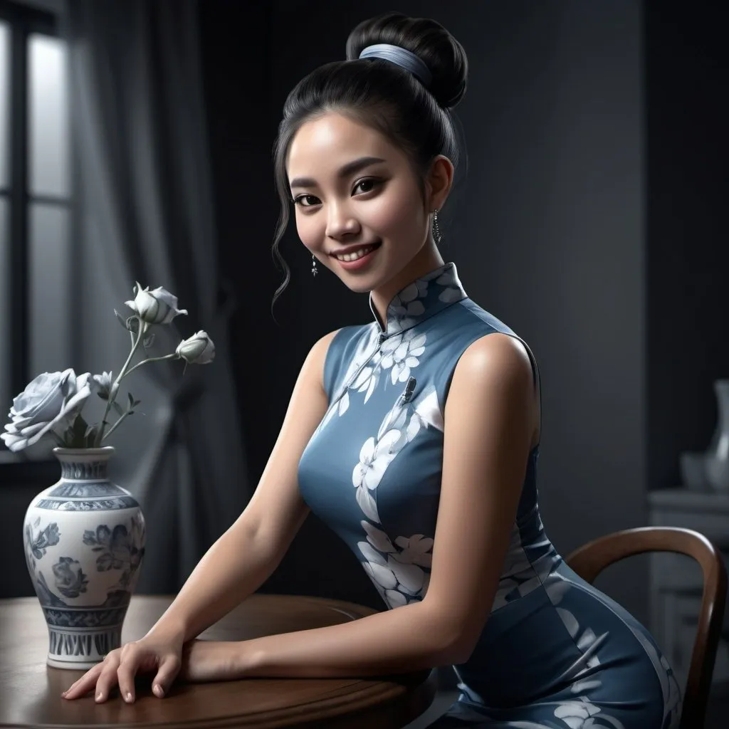 Prompt: 4k , high resolution , digital painting , photorealism , artistic , achromatic grays , dark room ,table with flowers in vase,  modeling , a asian woman is in modeling pose ,dynamic photo , dramatic ,  hair buns  hairstyle , blue modern cheongsam dress , legs , model stance , low angle shot , expressionism , close up , light and shadow photography ,smile