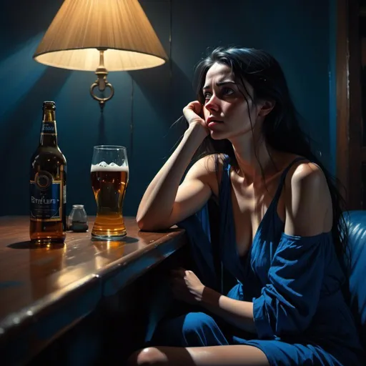 Prompt: <mymodel>
4k , high resolution , photorealism , painting ,emotional ,digital ,blue color in background ,expressionism,modeling , artistic , dark room , woman sits on couch and watches television ,the television screen reflects lights on the woman  ,she holds beer bottle , she is sad and bored 
eyes , sad eyes , low angle shot