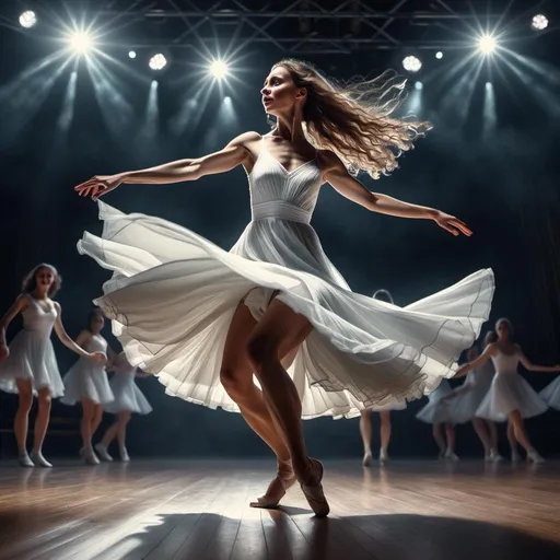 Prompt: <mymodel>
4k  , high resolution,artistic , dark colors  ,photorealistic painting ,digital painting , a woman in short white dress is dancing on dark stage , close up , the stage's lights shine on the woman , dynamic , dramatic dance , low angle shot ,