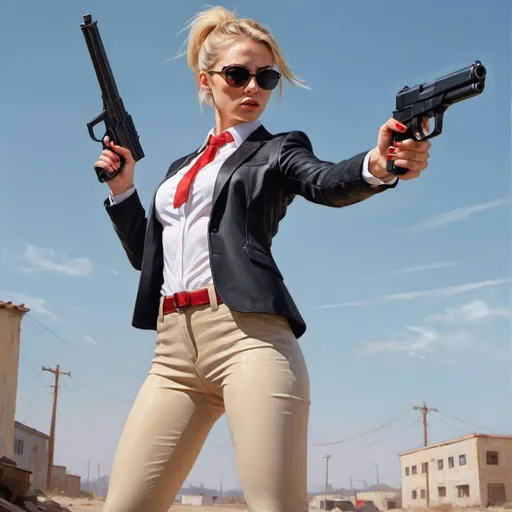 Prompt: 4k,oil painting,high resolution,professional, bright colors ,modeling , a secret agent woman is holding guns ,aim stance , she stands ,ponytail haircut ,blonde hair, opened black jacket ,white shirt, red tie , beige tight long pants ,focus on legs ,she wears sunglasses , mirrored lens, close up , portrait , view from the ground , low angle shot , she has blood on her 