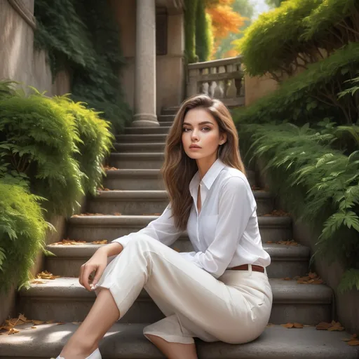 Prompt: digital painting , (4K, high resolution), ultra-detailed, vibrant colors, , (close-up of a woman)  , sitting on rusty stone staircase(narrow staircase , brown leaves on the staircase ) , lush tree-lined area, beautifully manicured bushes, elegant safety railing, soft natural lighting, art photography masterpiece,elegant white shirt , elegant pants