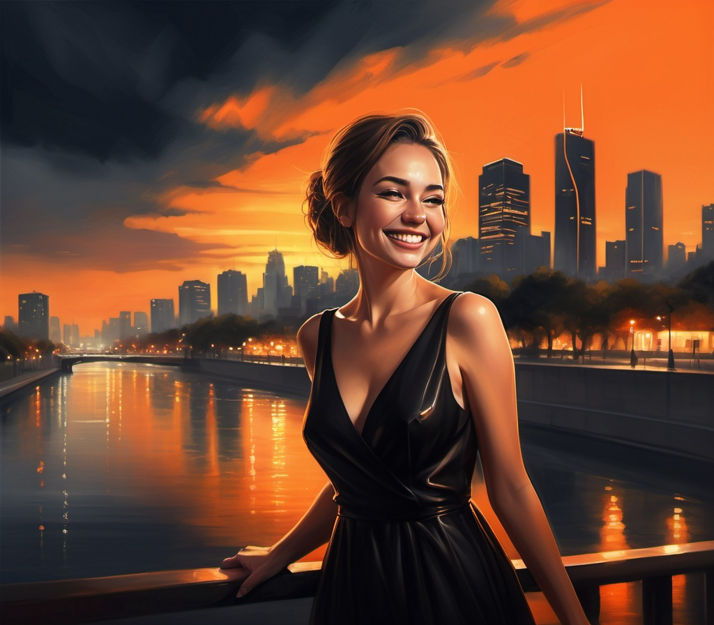 Prompt: digital painting of a city skyline with a woman (black dress) smiling  and  a river in the background at night time with a bright orange sky reflecting on the water , art photography, at night, high resolution , realism , beautiful sunset , low angle shot of the woman