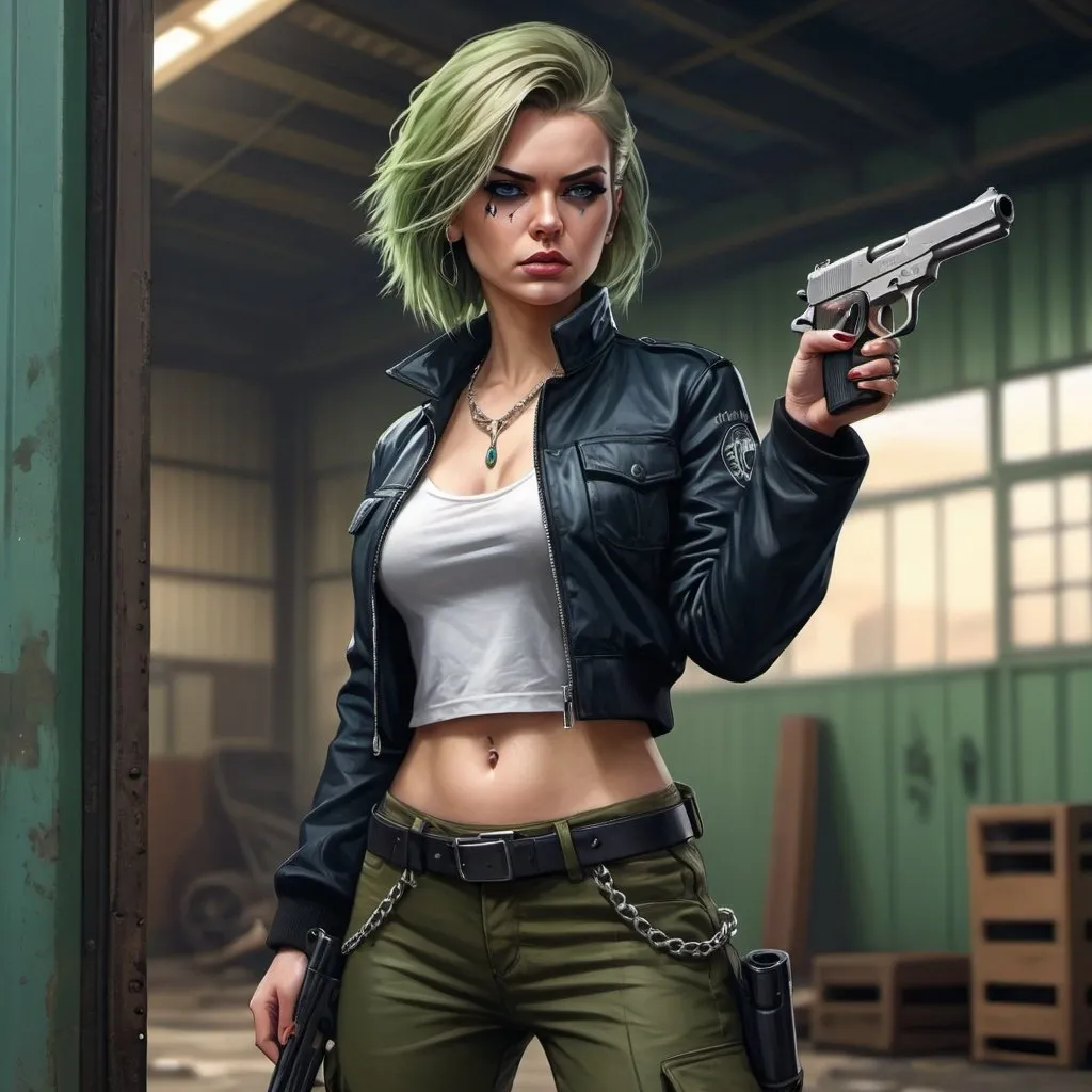 Prompt: 4k , high resolution , detailed , gta style ,dark colors , digital painting , roller shutter door in the background , outdoor , dramatic atmosphere ,industrial place , a woman holds a pistol  , aim pistol stance  ,  blue eyes , pale skin , chain necklace , leather black coat , black crop top shirt , khaki cargo pants , black boots , dyed blue and green streaks in hair , low angle shot 