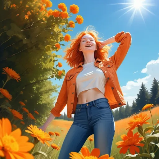 Prompt: open nature , bright blue sky , beautiful day , happy vibe , orange flowers , a ginger woman(jeans jacket , orange shirt , skinny jeans)  in the nature (low angle shot) , digital painting , happy colors , freedom , sunlight streaming on the woman