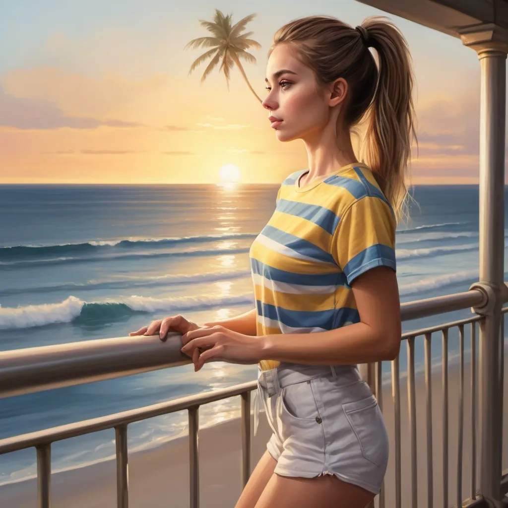 Prompt: a digital painting of a woman ( striped white blue and yellow shirt ,linen shorts ) standing , safety railing behind her and beach in the background with a beautiful sunset and palm tree , half-up ponytail , fashion photography 