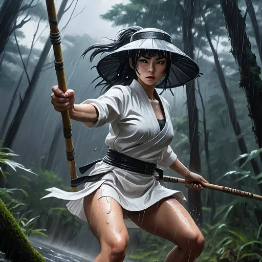 Prompt: 4k ,oil painting ,fantasy,dark colors, high resolution ,artistic,modeling, a female ninja holds a spear with both hands,black hair,she wears rain hat , long white ninja outfit , white short skirt reveals legs, low angle shot , combat stance ,dynamic , wind ,,forest,rain,dark area , 