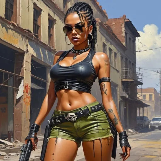 Prompt: 4k , high resolution , bright colors ,oil painting ,road ,old building,cracked walls, a female bounty hunter holds shotgun  , black braid hair , black skin , sunglasses , mirrored lens,olive shorts, leather black crop top shirt , bandolier  ,skull logo, modeling pose , dirty harry pose