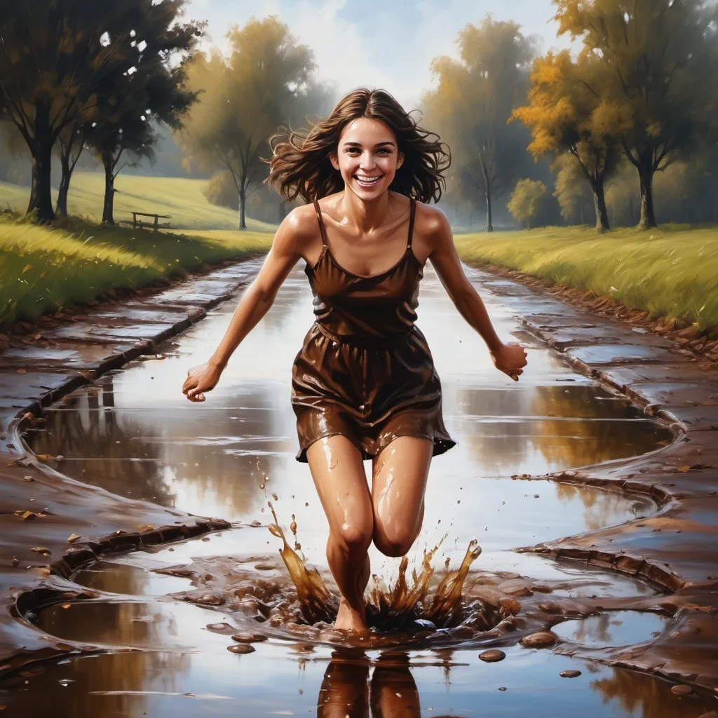 Prompt: 4k,high resolution,detailed, oil painting,dark colors,earth,nature,view, brown themed photo,woman leaps over puddle ,brunette hair,brown eyes,mini slit dress reveals legs, focus on legs,smile