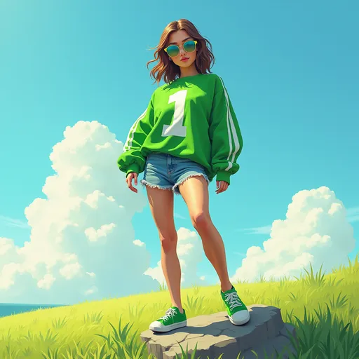 Prompt: a digital painting of a  woman with oversized sporty green shirt with white trim and white stripes and the number "1" written of her shirt  , jeans shorts ,green sunglasses with mirrored lens , grass field , bright blue sky ,clouds , beautiful view ,the woman standing with one leg on a rock 