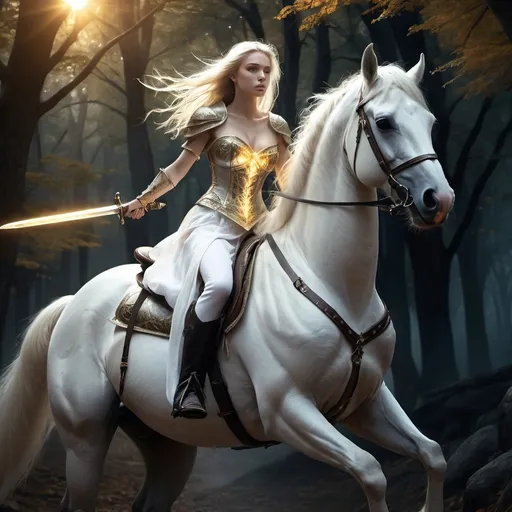 Prompt: brave female warrior holding a magical glowing sword, she is riding on white horse , white and gold mixed color corset, white dress,long hair ,  fantasy, digital painting, (4K), high resolution, dynamic pose, intense expression, glowing aura,nature , trees , dark forest , bridge , grim atmosphere  , intricate details, soft shadows, night ,dramatic lighting, epic composition, HD quality, 