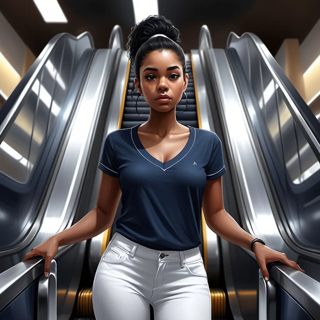 Prompt: realism digital painting ,, (4K), (high resolution), dark colors ,mall, an black woman(low angle shot) standing on the escalator and putting hands on the railing   ,she wears navy blue v-neck shirt with white strips , white shorts ,black hair, ponytail , modern lighting creates a sophisticated ambiance,  serious face