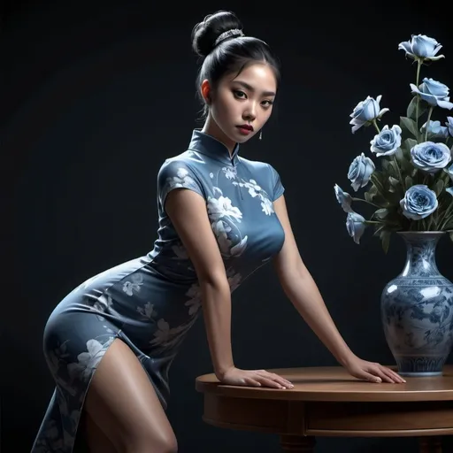 Prompt: 4k , high resolution , digital painting , photorealism , artistic , achromatic grays , dark room ,table with flowers in vase,  modeling , a asian woman is in modeling pose ,dynamic photo , dramatic ,  hair buns  hairstyle , blue modern cheongsam dress , legs , model stance , low angle shot , expressionism , close up , light and shadow photography 