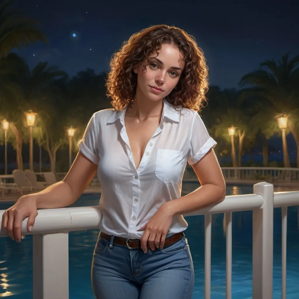 Prompt: 4k , high resolution , digital painting , professional , detailed features , park , pool safety railing , night , lights around the pool , woman leaning against the railing , illuminated water , 
brunette curly hair ,curvy figure ,white linen shirt , blue jeans   , she is 45 years old 