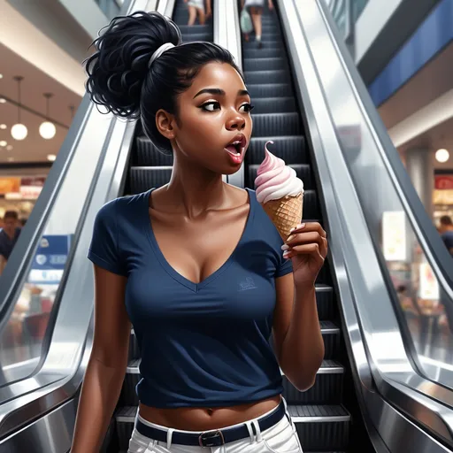 Prompt: realism digital painting ,, (4K), (high resolution), dark colors ,mall, an black woman standing on the escalator and eating ice cream(holding the ice cream near her mouth)    ,she wears navy blue v-neck shirt with white strips , white shorts ,black hair, ponytail , modern lighting creates a sophisticated ambiance,