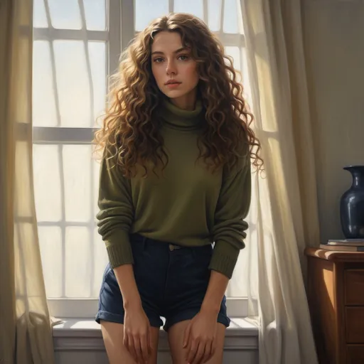 Prompt: (woman with long curly hair), wearing an olive long knitted turtleneck shirt and navy blue shorts , (modeling pose), (close up ), inside a softly lit room, (white curtains gently swaying),  captured in an extremely detailed (oil painting style), (photorealistic), sunlight streaming through the woman  , she is looking out the window and  holding the curtains with her hands ,(artistic modeling pose) ,high resolution , detailed , bright colors