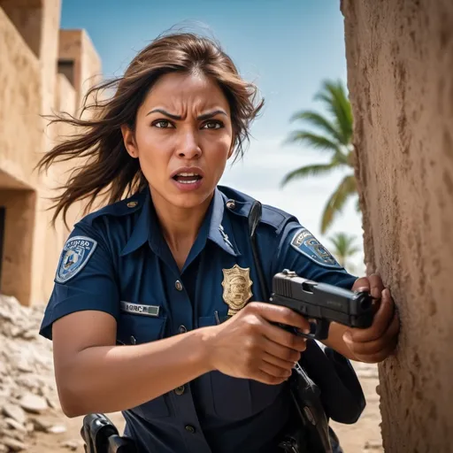 Prompt:   a police woman fighting criminals in a gun fight ,she hides behind a wall and reload her gun  ,close up  ,low angle of the woman,there is a building next to the woman, sandy terrain, palm tree, old buildings in poor area,  intense action, third world country, angry face, professional, dramatic background with dramatic colors , urban setting, best quality, 4k, poor area, detailed clothing, intense expression, digital painting, realistic , bright colors , blue sky , strong wind , good composition  , action movie scene 