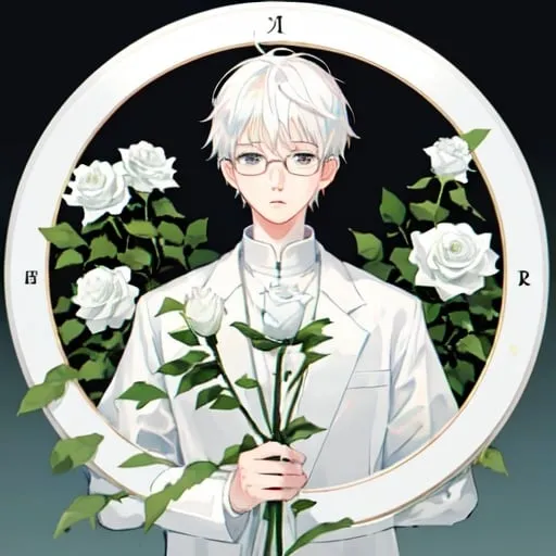 Prompt: Holding a White rose,27 years old boy,doctor,round frame glassses,white coat,anime,icon,white hair,focus on head