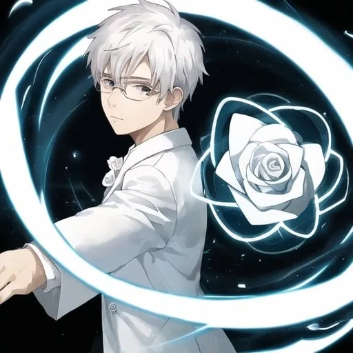 Prompt: White rose,27 years old boy,doctor,round frame glassses,white coat,anime,icon