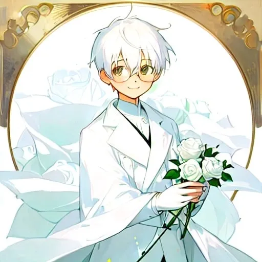 Prompt: Holding a white rose, round frame glasses, white coat, boy,smile,white hair,focus on head