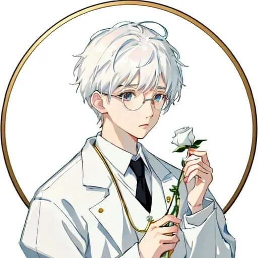 Prompt: Holding a White rose,27 years old boy,doctor,round frame glassses,white coat,anime,icon,white hair,focus on head