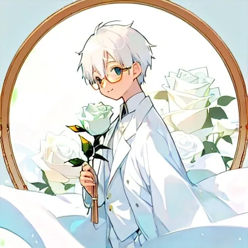 Prompt: Holding a white rose, round frame glasses, white coat, boy,smile,white hair,focus on head