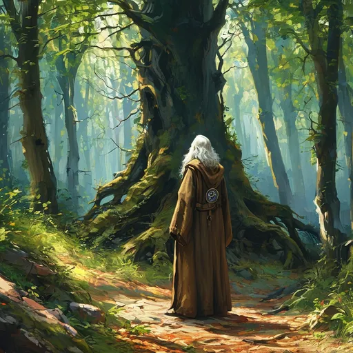 Prompt: A Lush forest. A wizard stands beneath a large tree in the center. His back is turned.