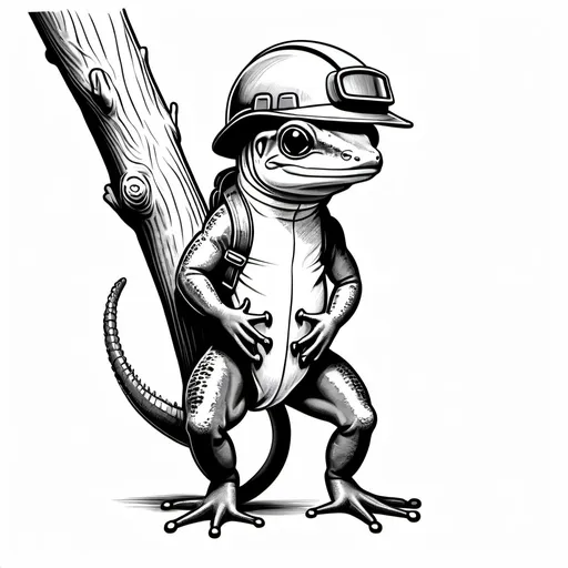 Prompt: a simple biologically accurate black and white line hand drawn image of a salamander standing upright wearing a tree climbing belt and climbing helmet with only few details and transparant background