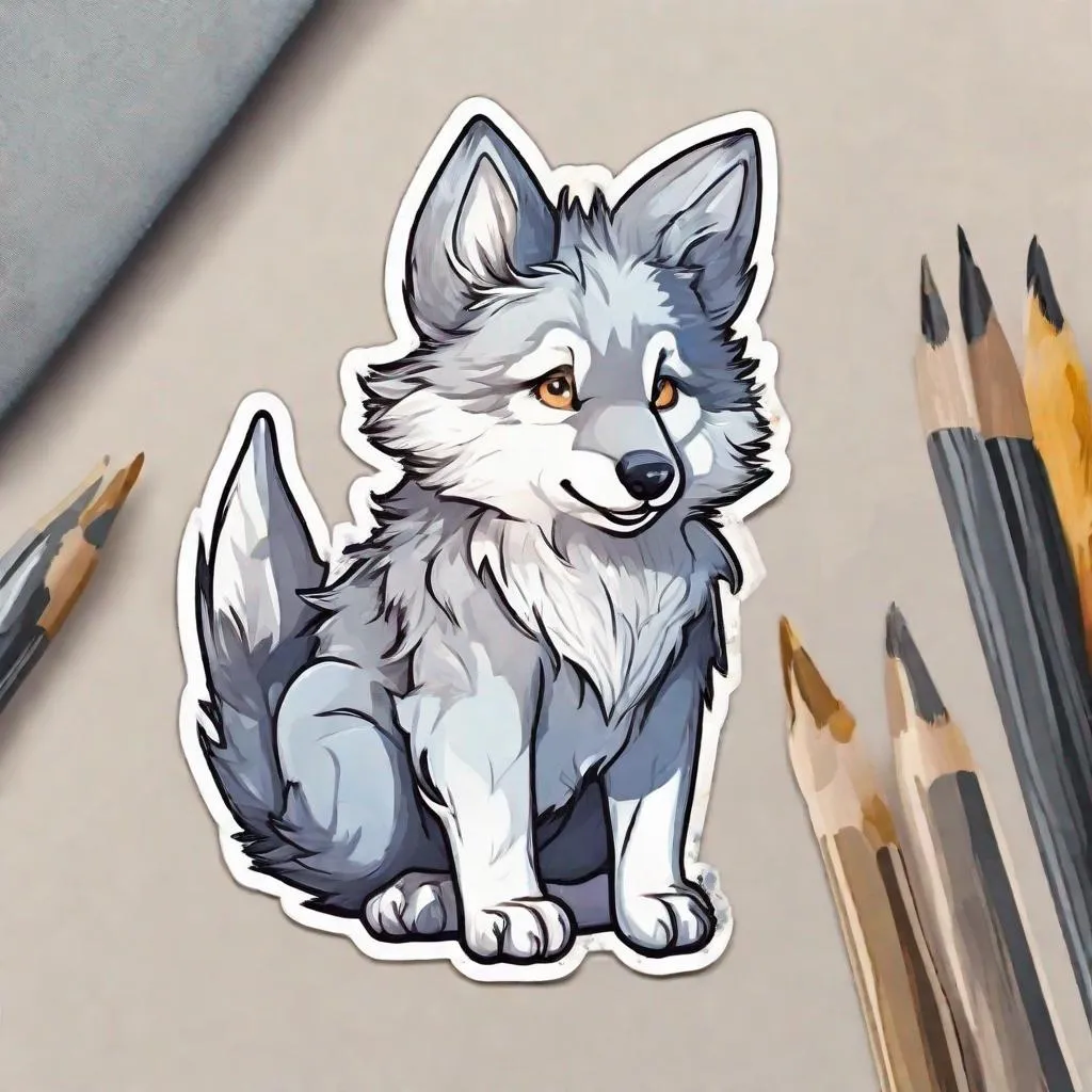 Prompt: cute wooly wolf puppy, sticker, color, anime, logo, line art drawing, clean Line art, whole body, watercolor, vector art, white background with a graffiti-style illustration