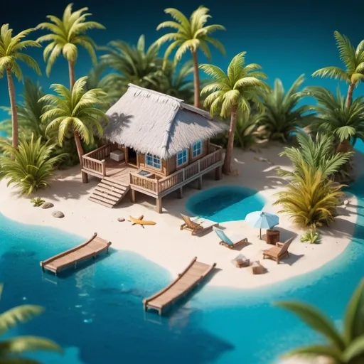 Prompt: Miniature isometric world render, hut surrounded by clear water, Bahamas, on a table, 3D rendering, tropical vibe, crystal clear waters, detailed palm trees, vibrant and colorful, high quality, isometric view, tabletop miniature, serene tropical scene, artistic 3D rendering, clear blue waters, sandy beach, miniature hut, tranquil setting, tropical paradise, bright and sunny, professional, detailed tabletop scene