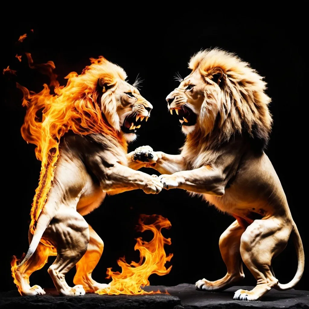 Prompt: 2 lions made of flames fighting each other