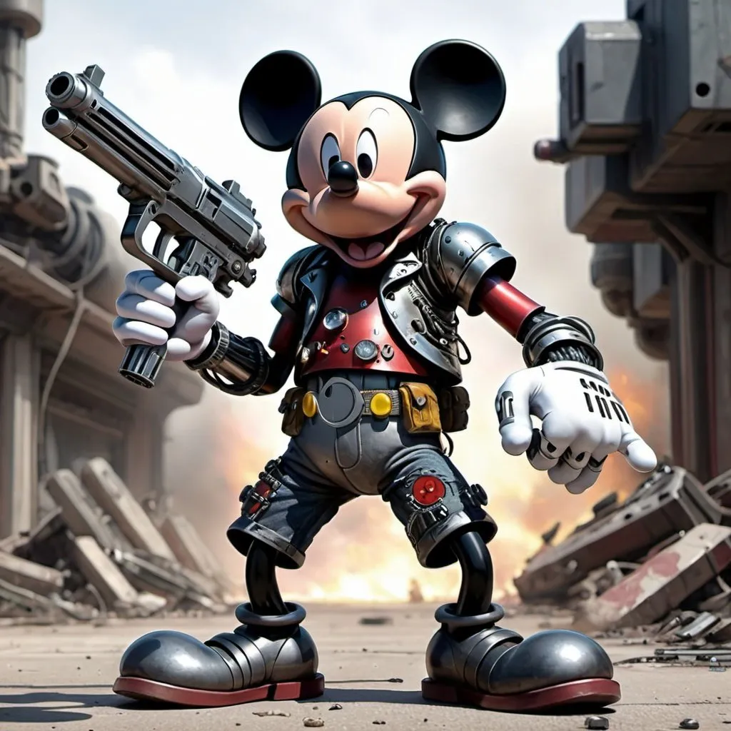 Prompt: realistic Mickey Mouse as a cyborg fighter, holding 2 huge guns, detailed, angry