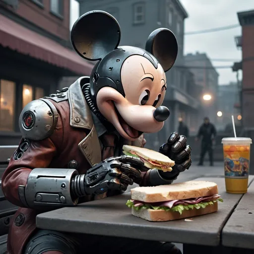 Prompt: Realistic cyborg Mickey Mouse in a gunfight with Dostoevsky, Vladimir Putin watching and eating a sandwich, playground setting, gritty and intense, high-quality, realistic, cyberpunk, detailed guns, urban background, dark and moody lighting, intense action, detailed character design, professional, detailed facial features, futuristic technology, intense atmosphere, detailed clothing, surreal, dramatic lighting, gritty aesthetic, highres, detailed depiction, cybernetic enhancements, professional