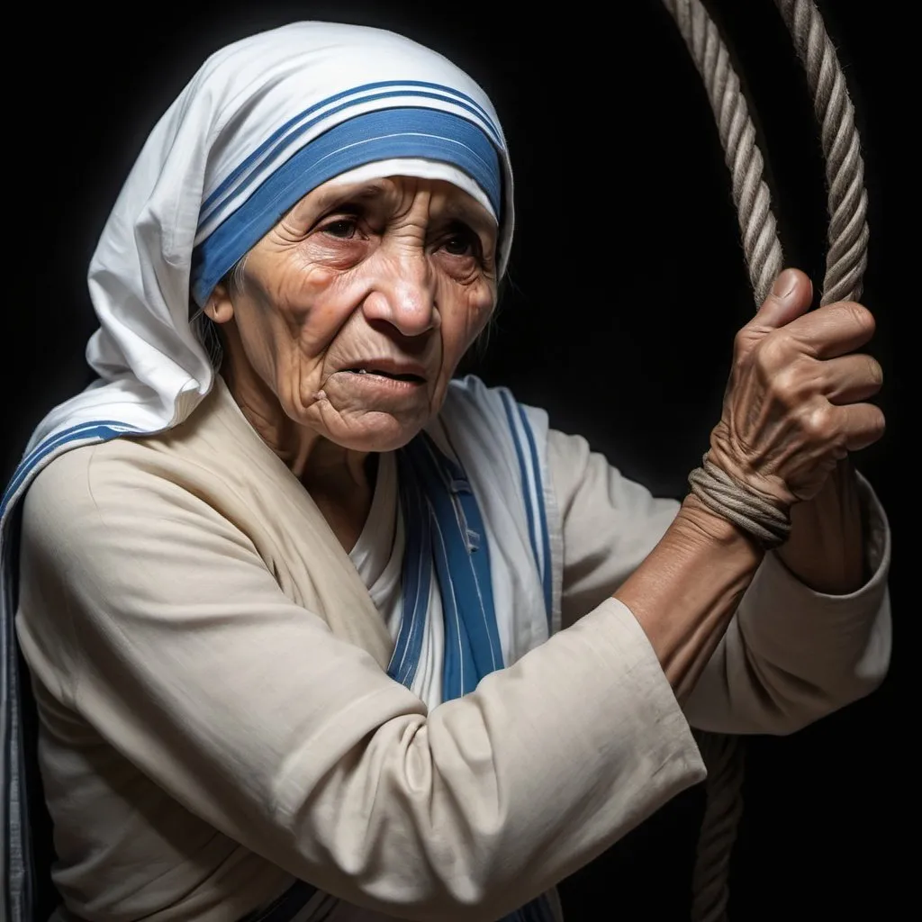 Prompt: Realistic portrayal of Mother Teresa fighting poverty with a whip, high-resolution, detailed facial expression, dramatic lighting, intense focus, realistic artwork, intense gaze, dark and light contrasts, impactful storytelling, powerful emotions, high quality, intense, dramatic lighting