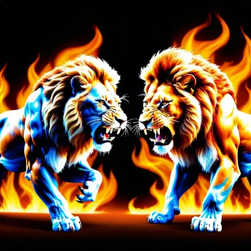 Prompt: hyper-realistic illustration of two lion-shaped flames in an intense battle, high-quality, detailed, fierce expressions, dynamic poses, vibrant warm tones, realistic fire effects, dramatic lighting