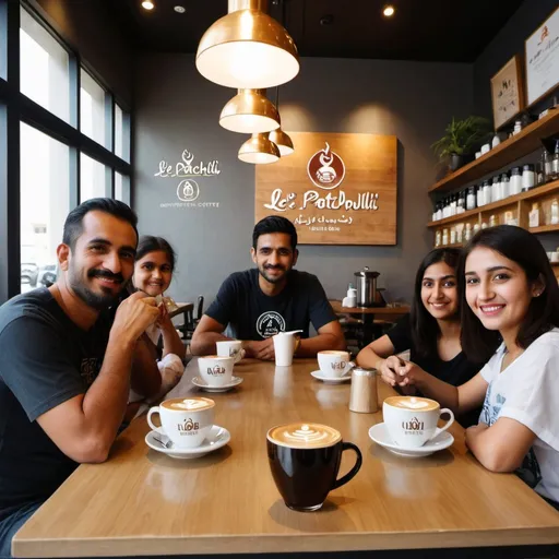 Prompt: A specialty coffee with there name Le Patchouli and uae family sitting inside specialty coffee and drinking nice coffee and 