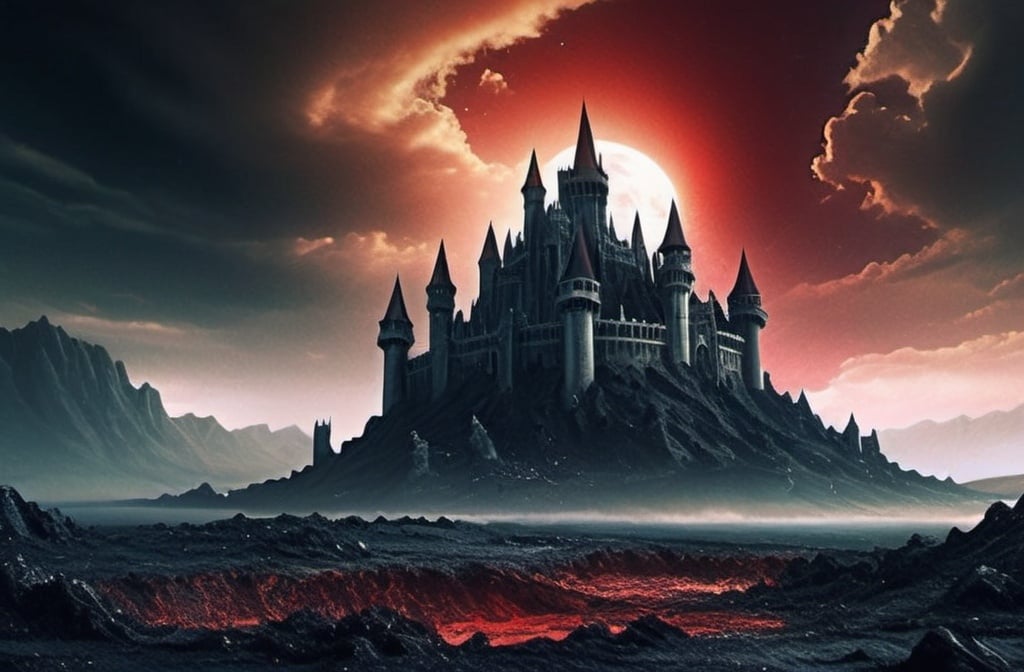 Prompt: chrome medieval castle, with doomsday background and blood red  night sky 