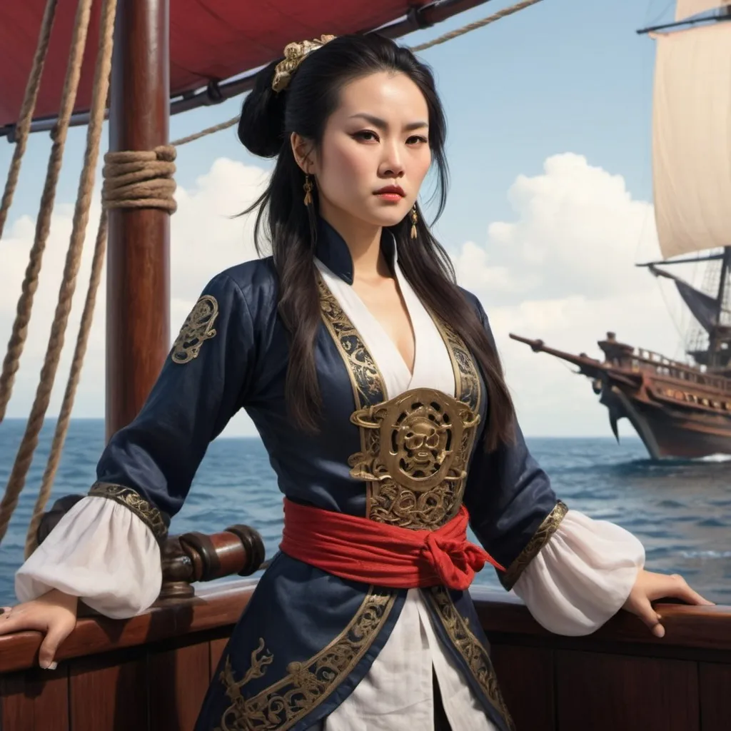 Prompt:  (Picture: An artistic depiction of Ching Shih, a Chinese woman dressed in traditional pirate attire, looking confident and powerful on a ship’s deck.)