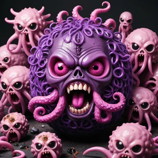 Prompt: purple hairt balls with tentacles and horror faces with maggots crawling around the hairy balls, that have a pink hammer in the mouth, with a shit background, and swords in the eyes