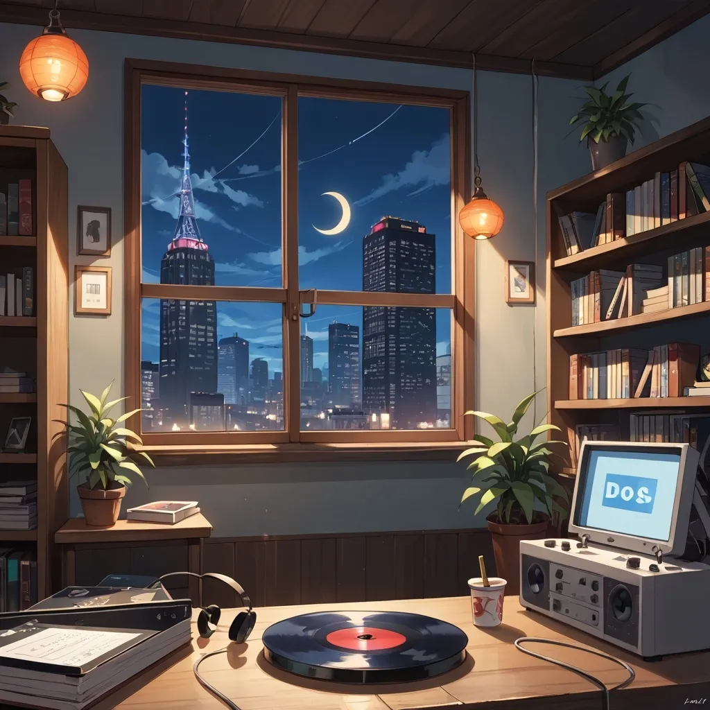 Prompt: A serene and cozy nighttime scene in a small urban apartment, softly lit by warm, ambient lights. A vinyl record player sits on a wooden table, spinning a lo-fi record with a visible music note symbol floating above it, symbolizing the chill beats. In the background, a window shows a peaceful cityscape with dimly glowing streetlights and a crescent moon in the sky. The room has a few potted plants, a comfy armchair, and a bookshelf filled with vinyl records. The channel name 'Lo-fi Swings' is elegantly written in a stylish, retro font, glowing softly like a neon sign, blending seamlessly into the ambiance. The color palette includes muted blues, warm oranges, and soft purples, evoking a relaxed and calming atmosphere