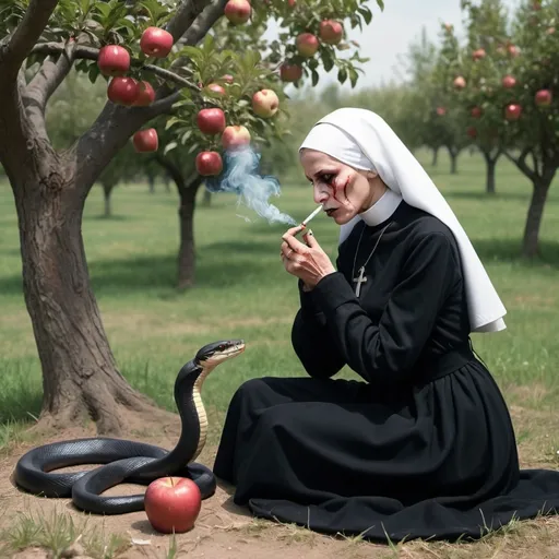 Prompt: nun caressing a snake and smoking a cigarette under a apple tree while a bloody war is going on in the background