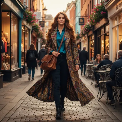 Prompt: Tall young woman walking down the high street, detailed clothing, realistic, natural lighting