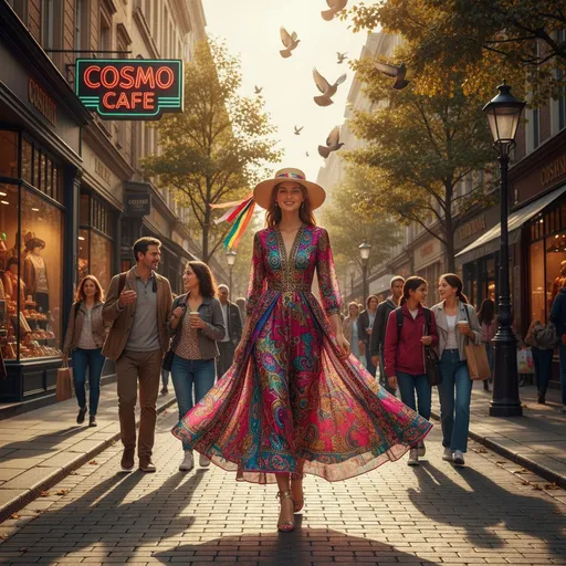 Prompt: Tall young woman walking down the high street, detailed clothing, realistic, natural lighting