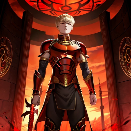 Prompt: Gilgamesh (fate), gate of Babylon, red skies, red eyes, black, red and gold armour 