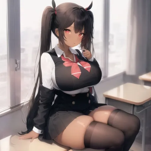 Prompt: big breasted African American gyaru with twin tails and red eyes, in school uniform, thigh high socks, dark skinned, full body view 